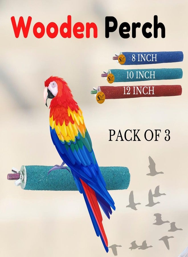 Sage Square Perch Combo of 8, 10 & 12 inches Natural Wood Rough Sand Perches | Exercise, Grinding Nail, Playstand, Training, Cage Accessories |Finches, Parrot, Budgies, Cockatiels (Pack of 3) - Image 2